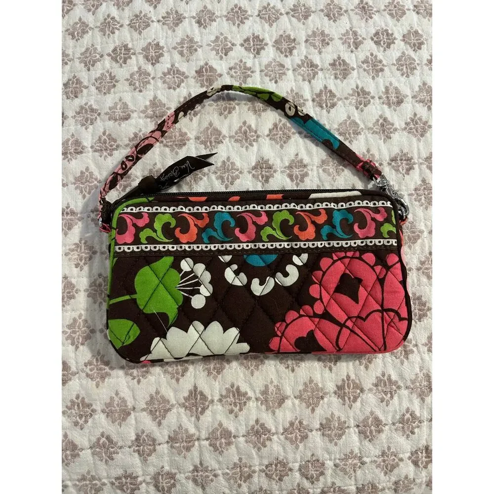 Vera Bradley Quilted Small Wallet Wristlet Bag Lola Zip Around Brown Green Pink